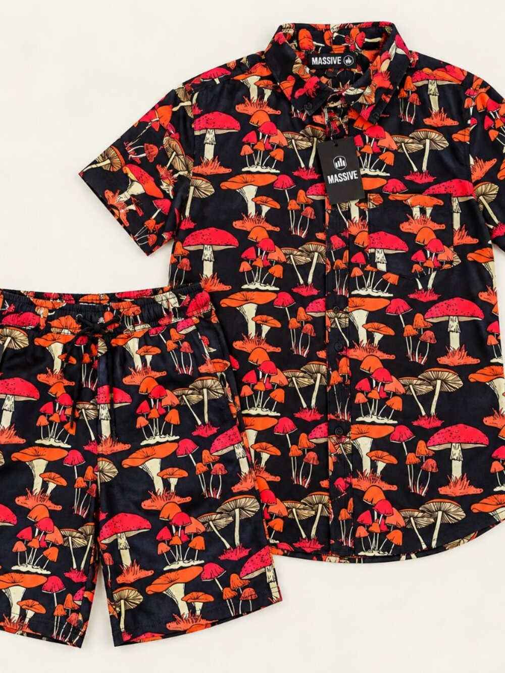Massive Mushroom Print Shirt Shorts Set Men’s S Festival Psychedelic NWT